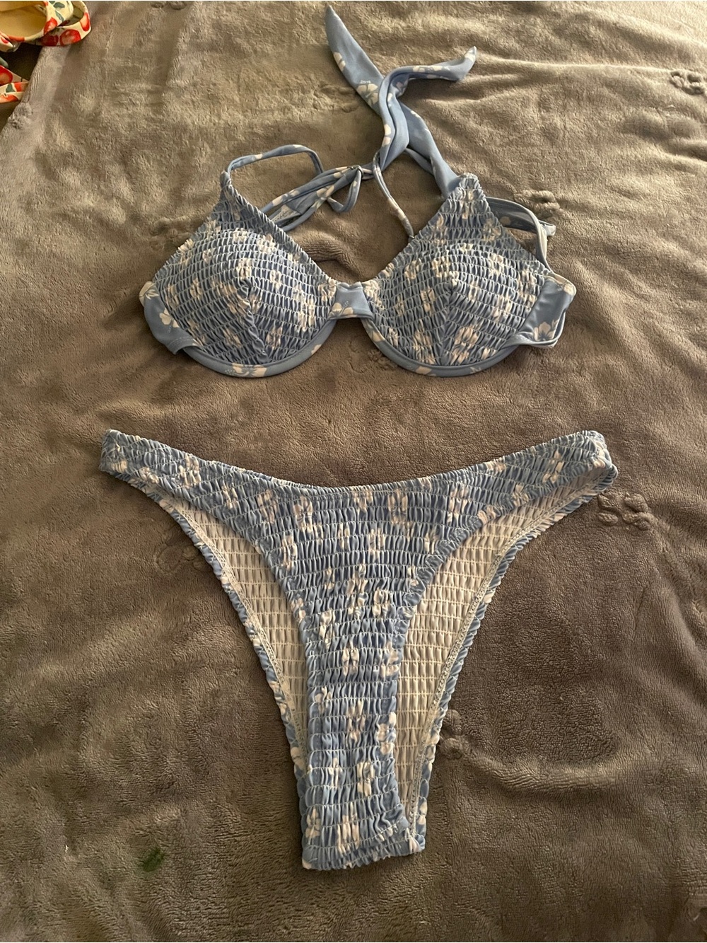 SHEIN Light Blue Smocked Halter Bikini with White Floral Accents